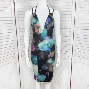 Bebe Watercolor Plunge Neck Open Back Bodycon Y2K Club Dress Black Teal XS